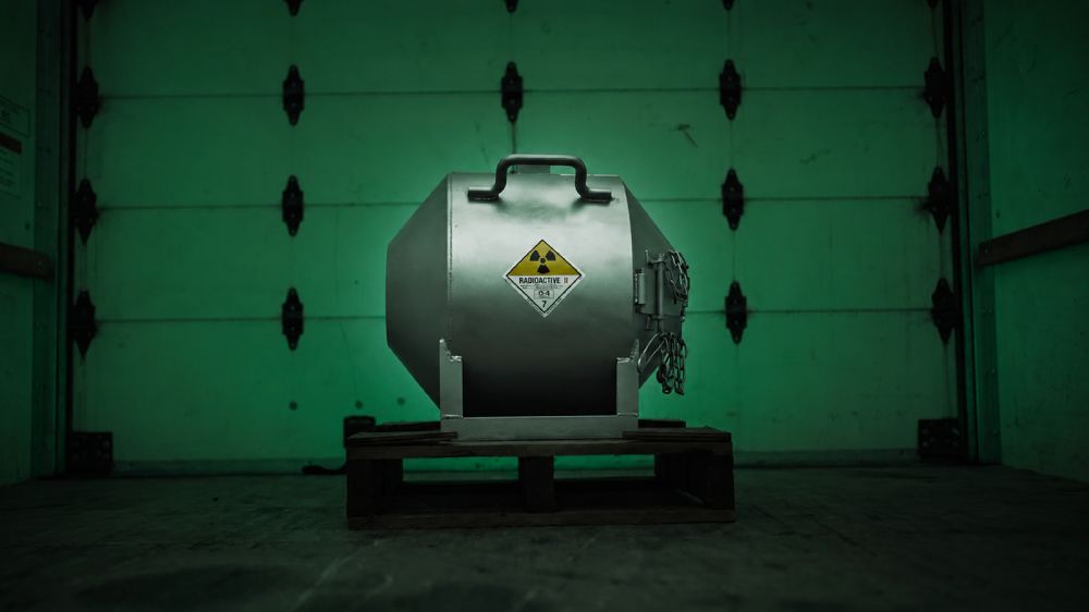 Shielded radioactive container in transport
